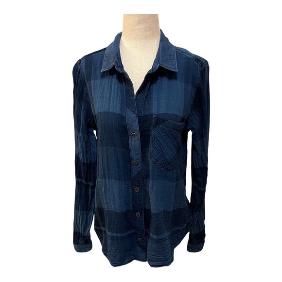 ANTHROPOLOGIE Cloth & Stone Blue Plaid Long Sleeve Button-Up Womens Shirt Small - Picture 9 of 9